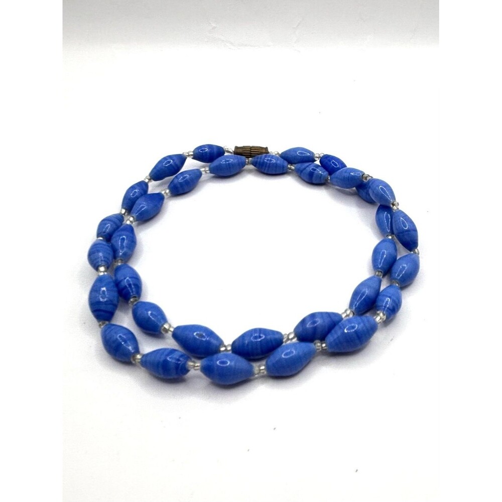 Vintage Glass Marbled Oval Light Blue Bead Strand Collar Necklace Women Jewelry